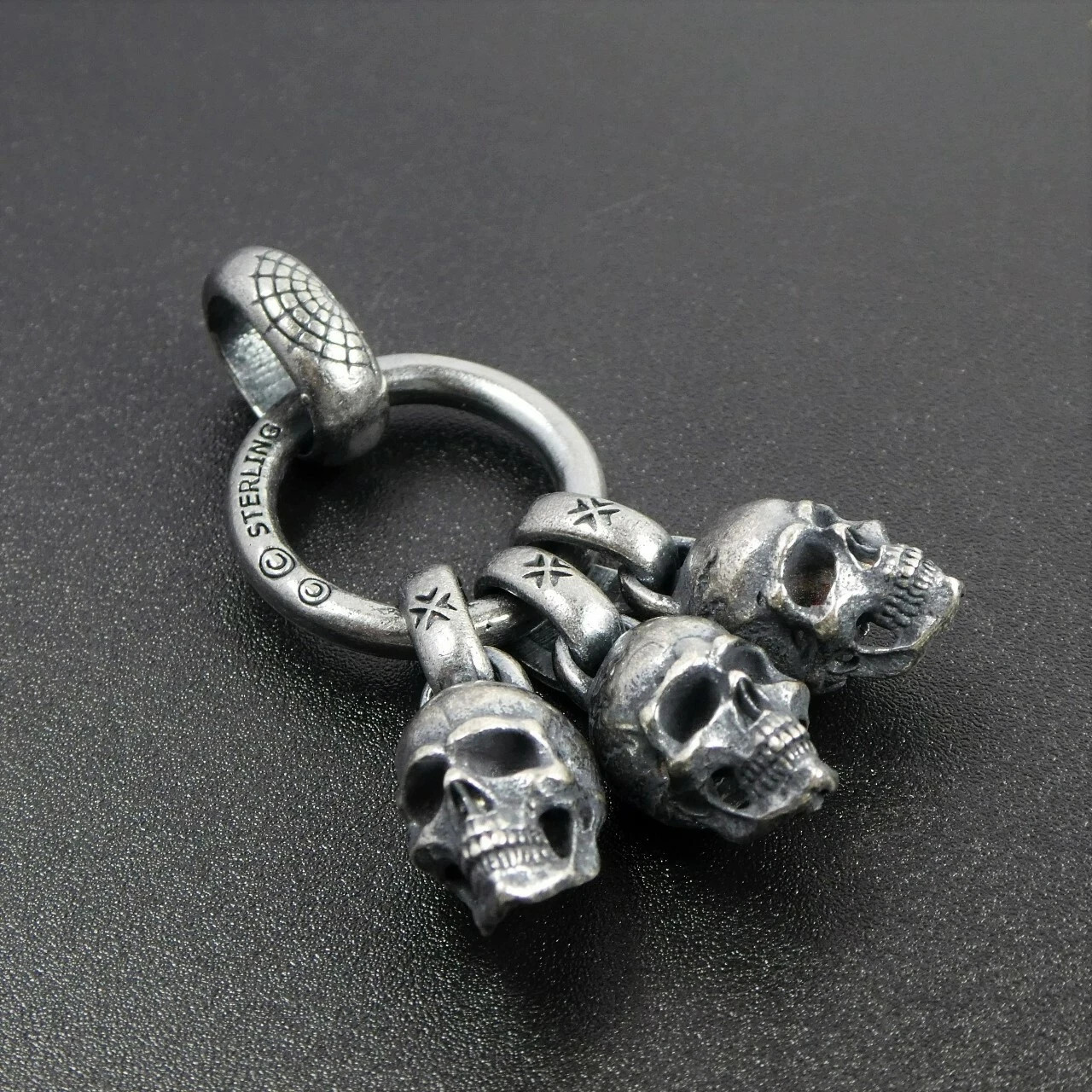 Black Silver Three Skulls on Ring Pendant Men Gothic Biker