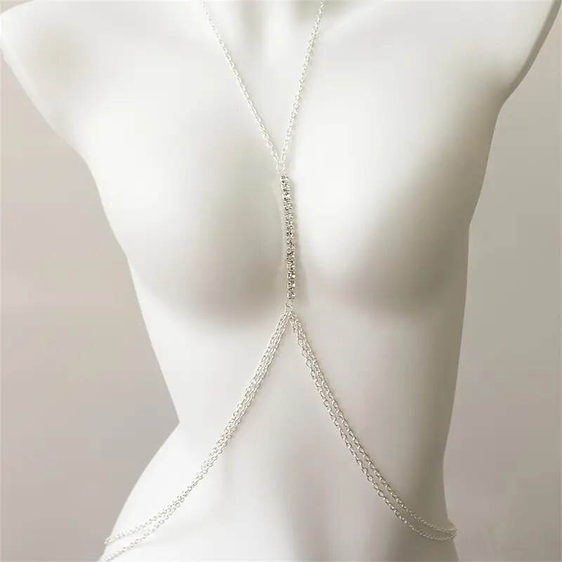 Sexy Silver Rhinestone Body Chain Necklace Crystal Bikini Jewelry for Women
