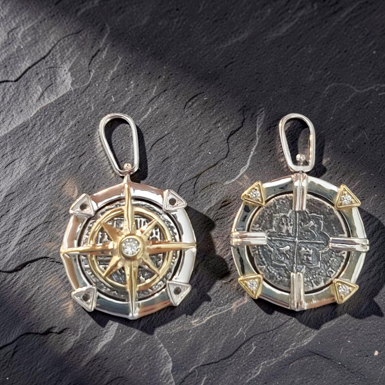 Atocha Compass Reversible Pendant 14k Gold Overlay White Topaz Certificate