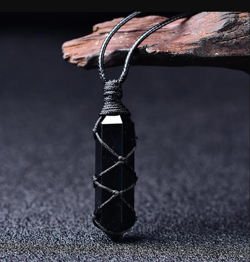 Black Obsidian Hexagonal Healing Reiki Point Wrapped Pendant Men Women Necklace