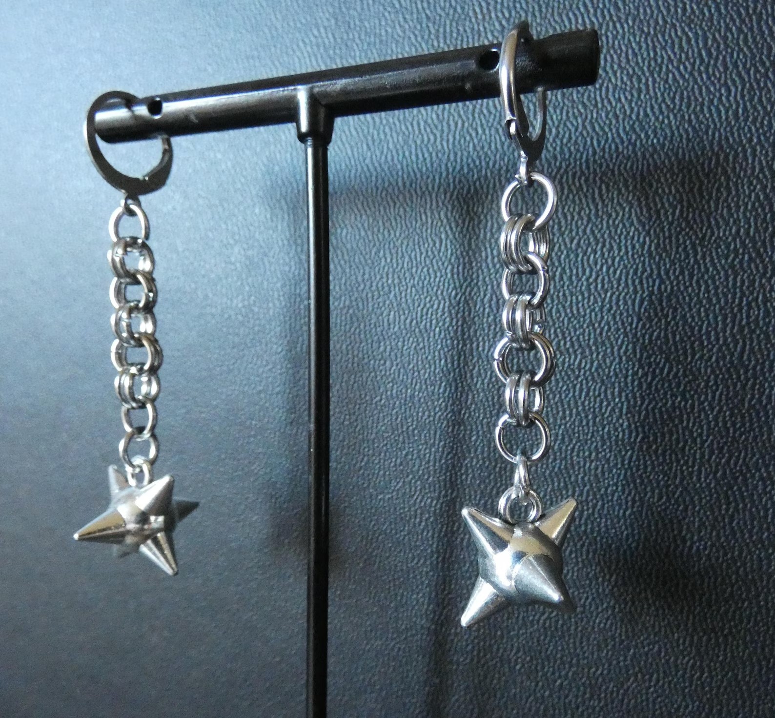 Chainmail and Spiked Ball Lever Back Dangle Drop Earrings Women Lobes Goth