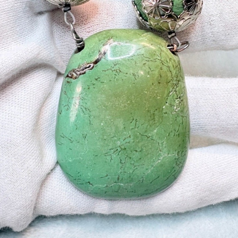 Chunky Coral & Turquoise Color Statement Necklace w Large Green Stone Pendant