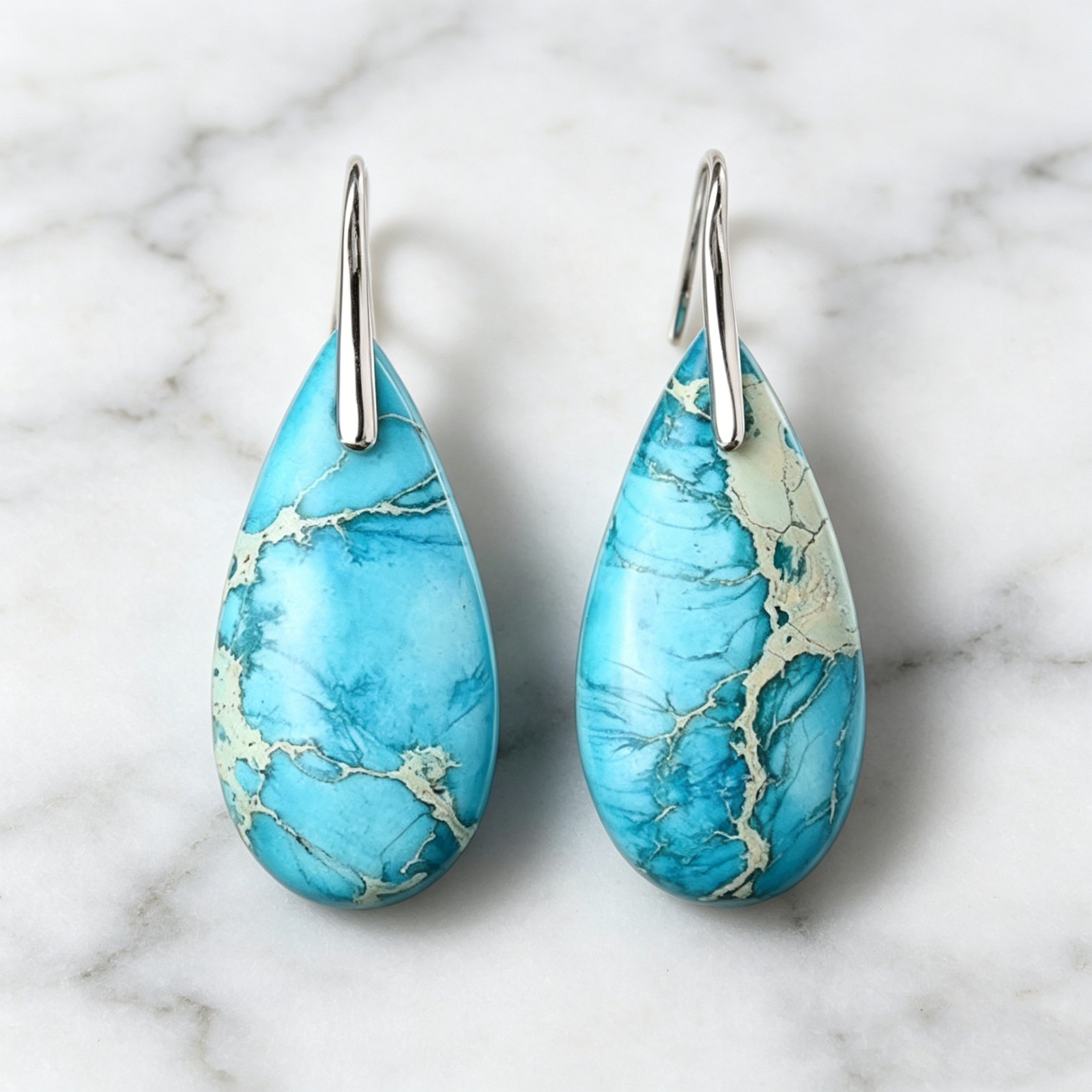 Natural Turquoise Teardrop Drop Earrings 925 Sterling Silver Hooks Boho Western