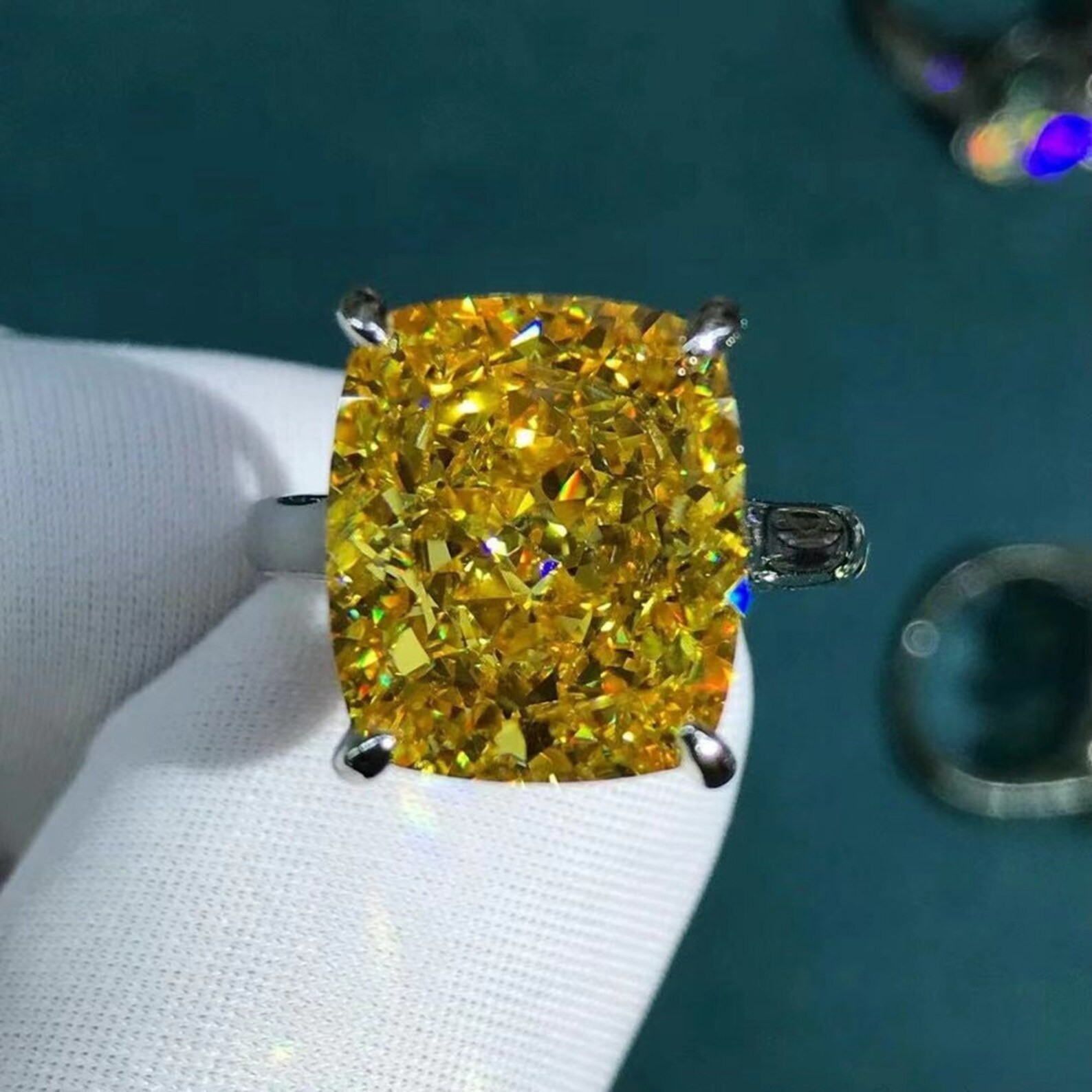 8.00 Ct Cushion Cut Natural Yellow Sapphire Diamond Wedding Ring 14K White Gold