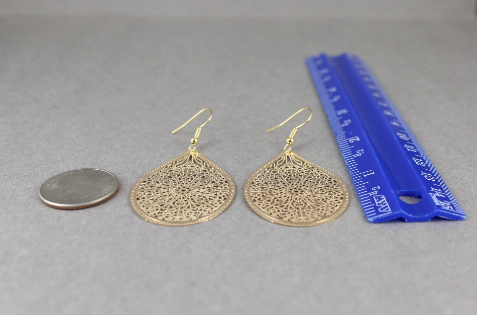 Gold earrings teardrop dangle shiny VERY lightweight filigree earrings 2.5″ long