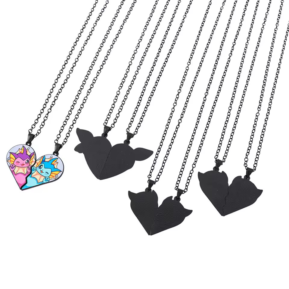 Random 2-piece Cute Eevee Cartoon Pendant Necklace with Heart Patchwork