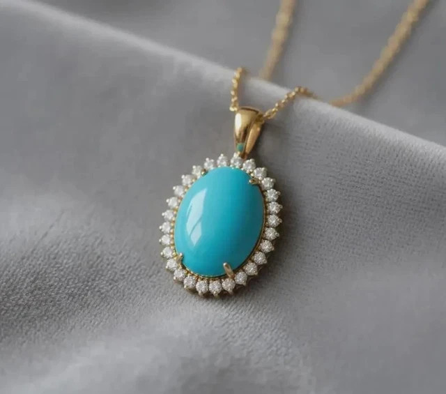 Oval Cut Lab Created Turquoise Womens Pendant 14K Yellow Gold Plated with Chain
