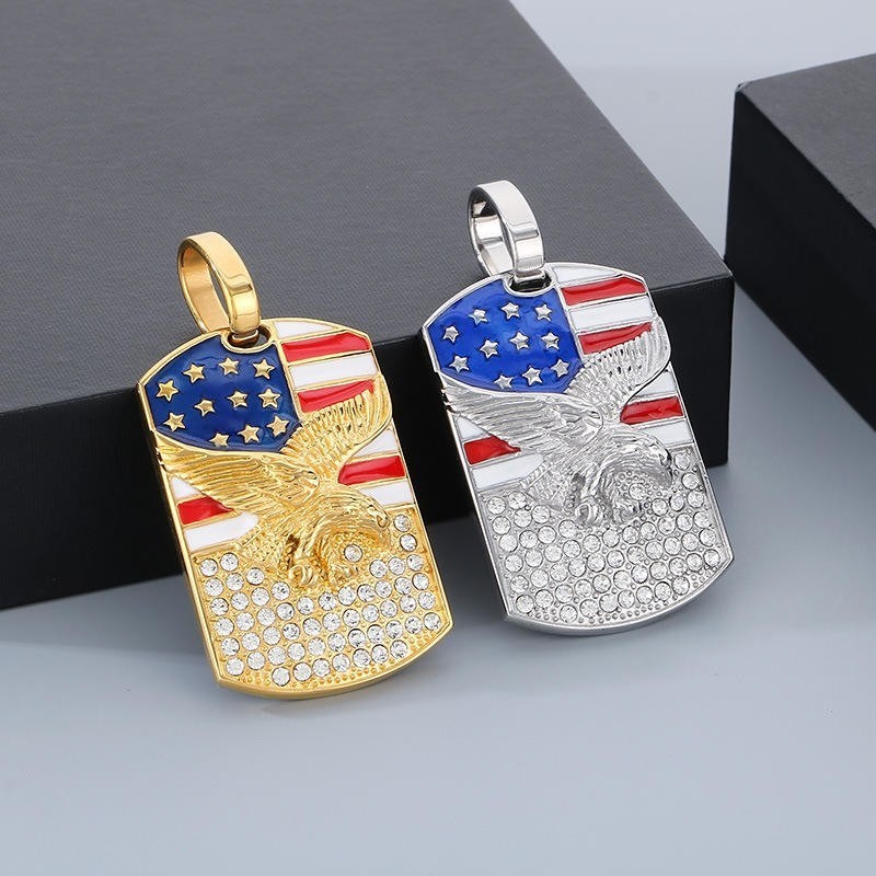 American Flag Eagle Dog Tag Pendant Stainless Steel Patriotic Necklace