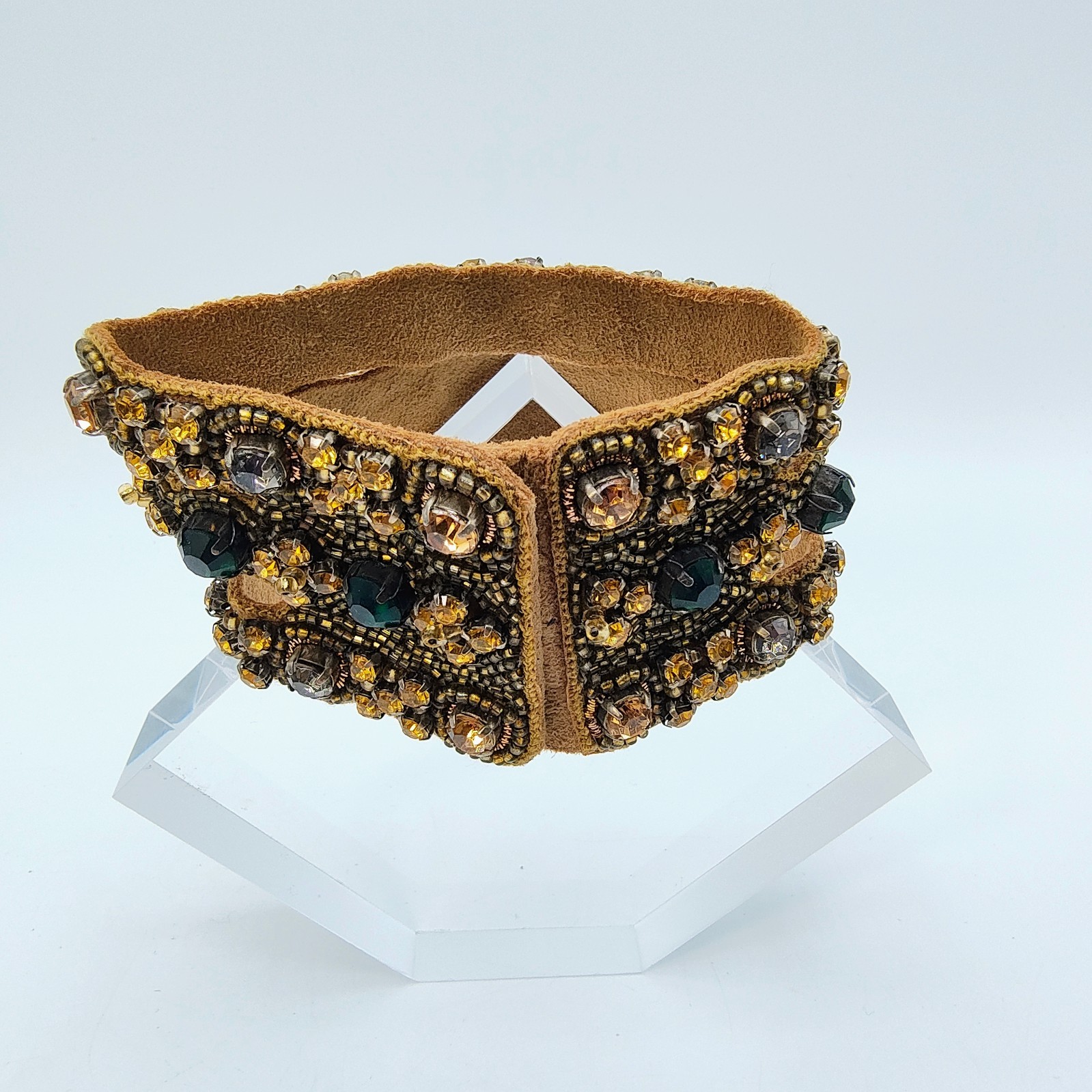 Bohemian Maximalist Cuff Bracelet Faux Leather Green Amber Color Rhinestone