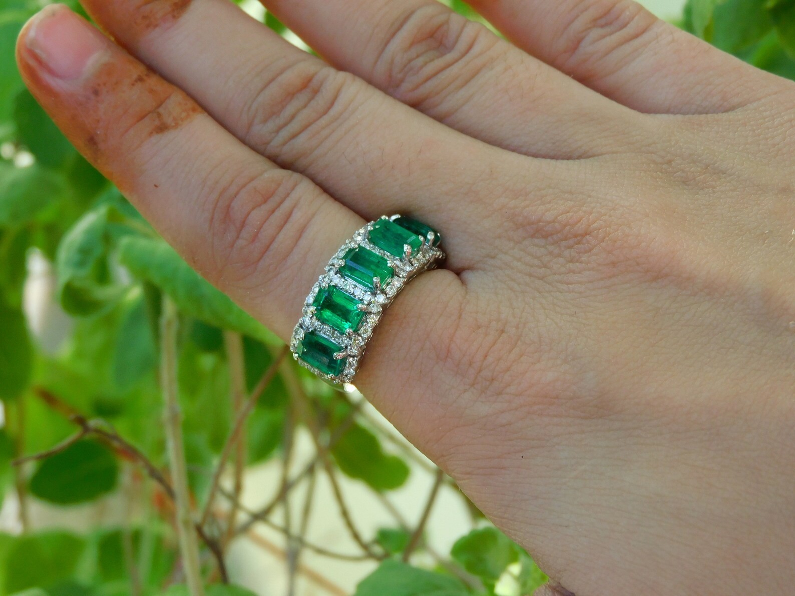 2.55 Ct Emerald Cut Natural Emerald & Diamond Ring 14K Solid White Gold Size 7