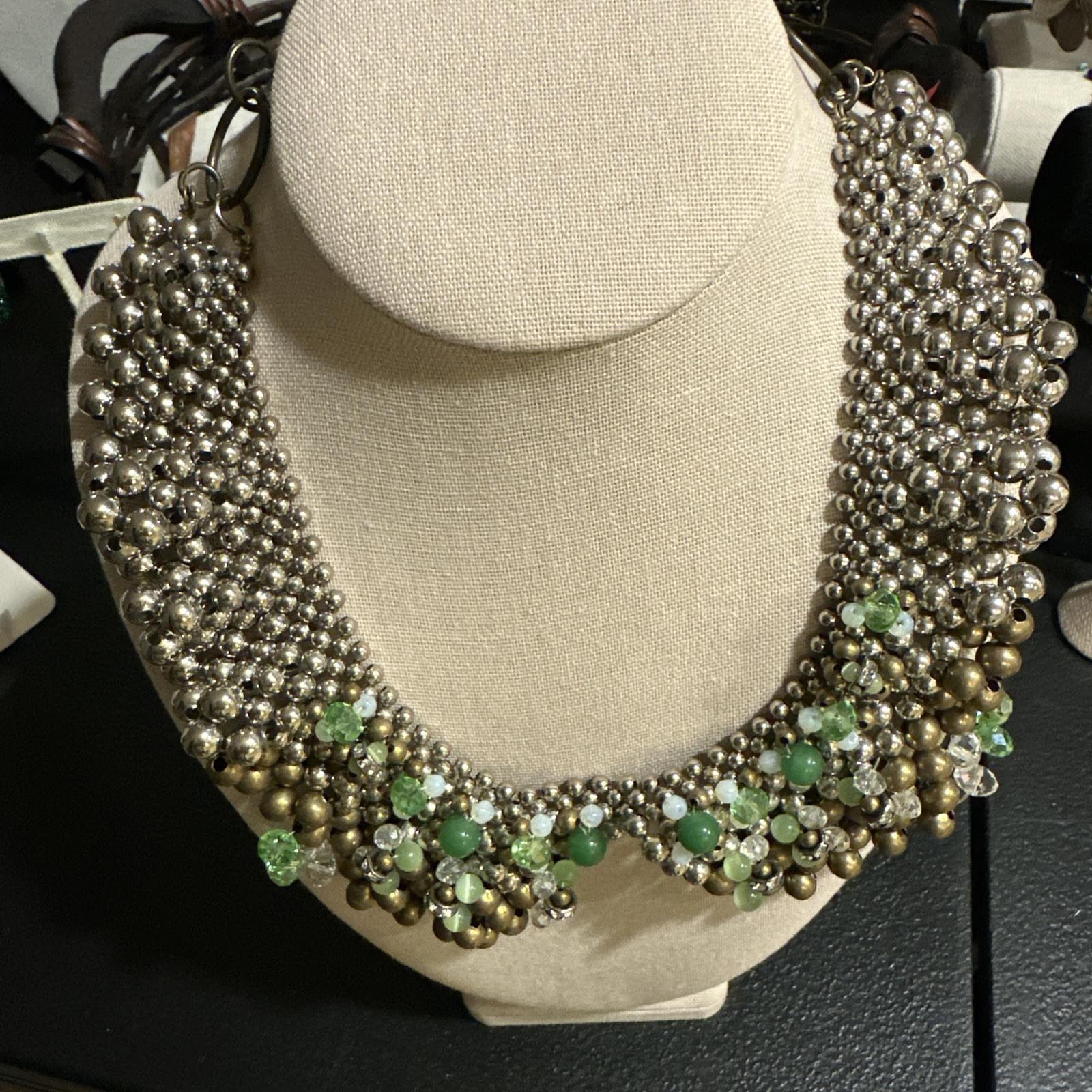 Pam Hiran Anthropology Beaded Bib Chunky Necklac Mixed Metals