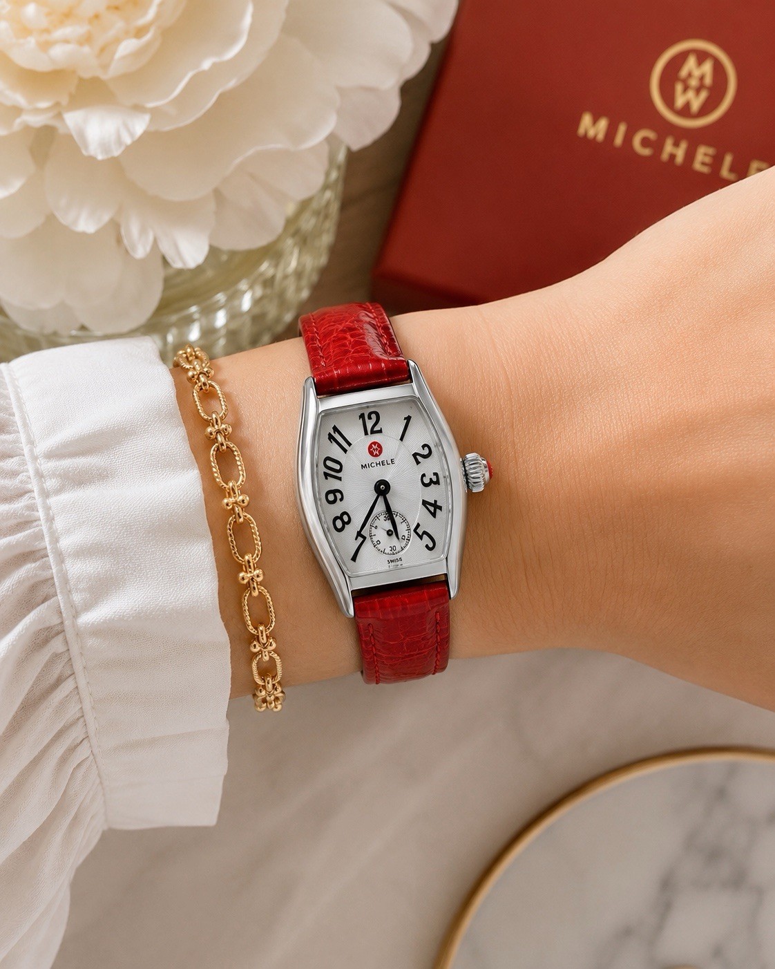 Michele Coquette Swiss Quartz Watch Stainless Steel Red Leather Strap Running