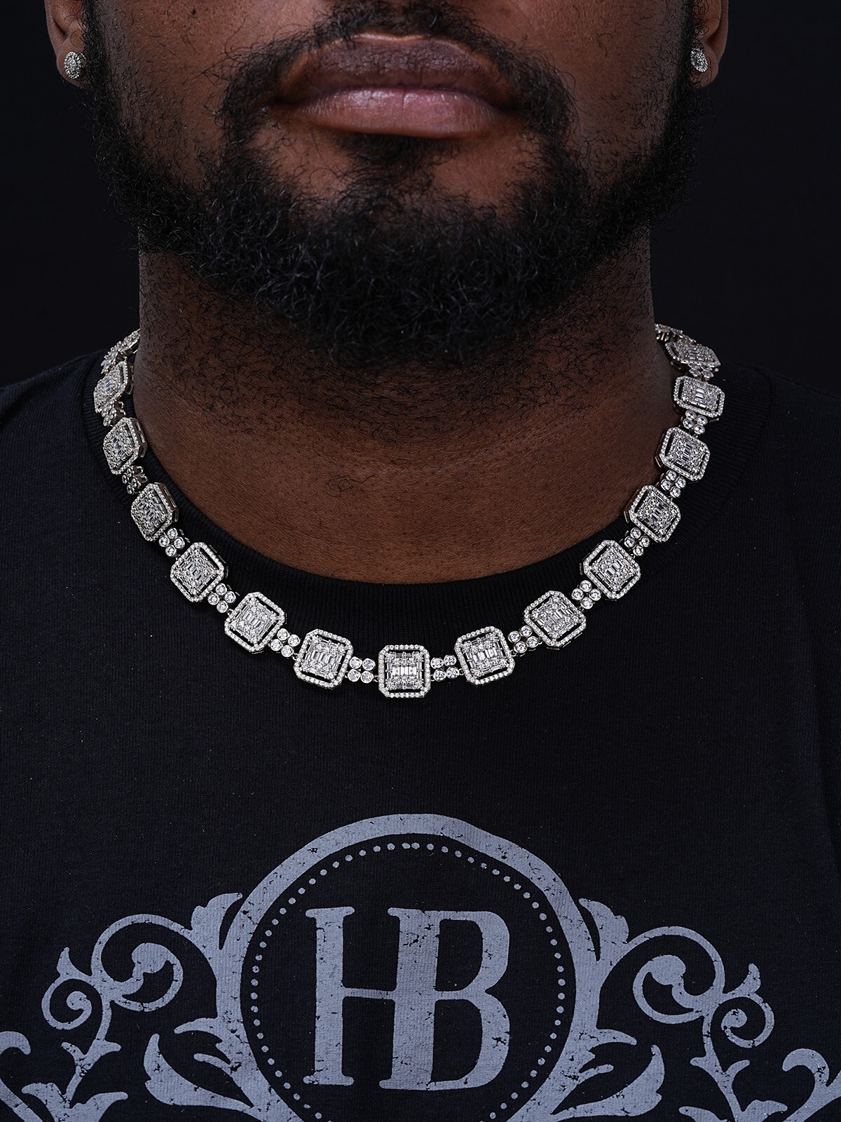 925 Sterling Silver Baguette Link Chain Iced 16mm Men’s CZ Necklace Choker