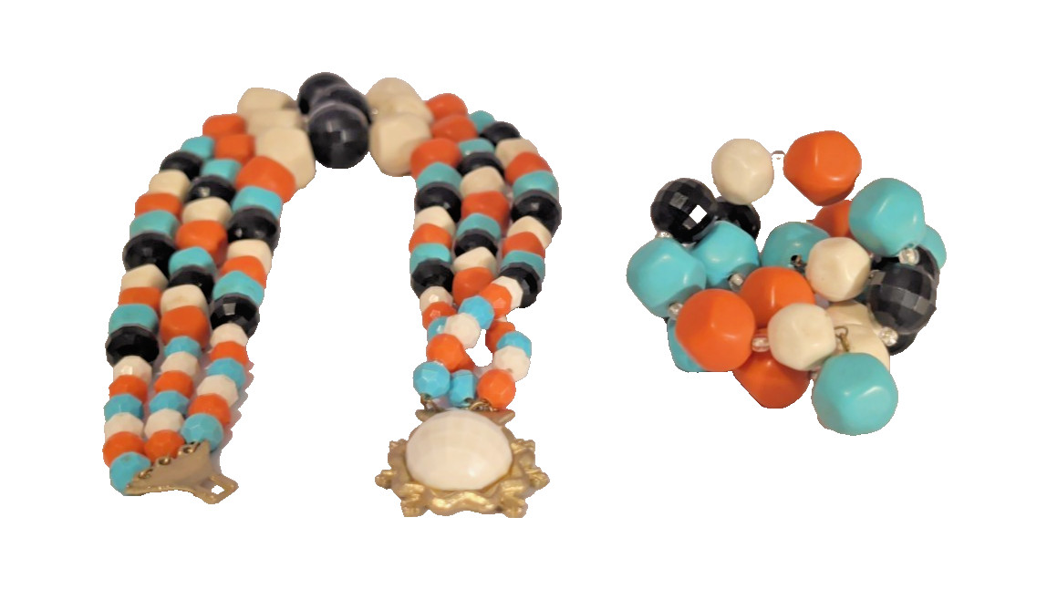 Vintage Multi-Color MCM 3 Strand Beaded Necklace & Single Strand Wrap Bracelet