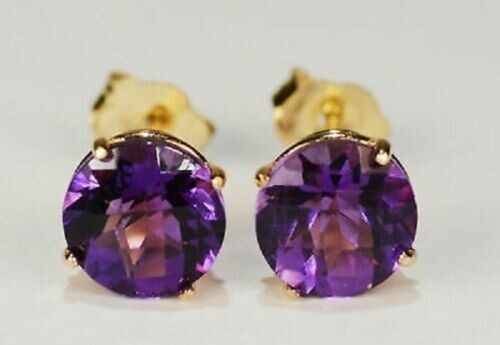 2Ct Round Cut Amethyst Solitaire Push Back Stud Earrings 14K Yellow Gold Finish