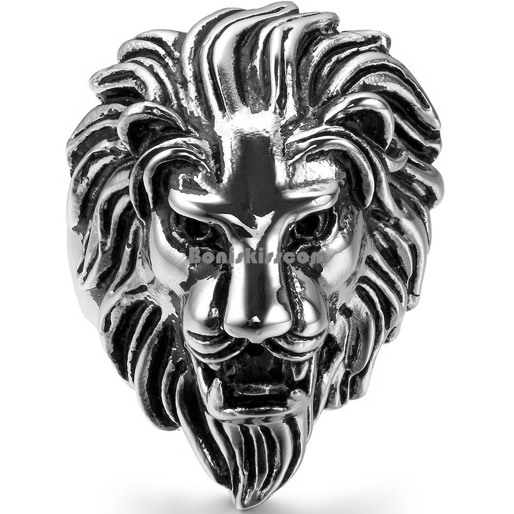 Biker Men’s Vintage Casting Black Silver Stainless Steel Lion Head Ring Band