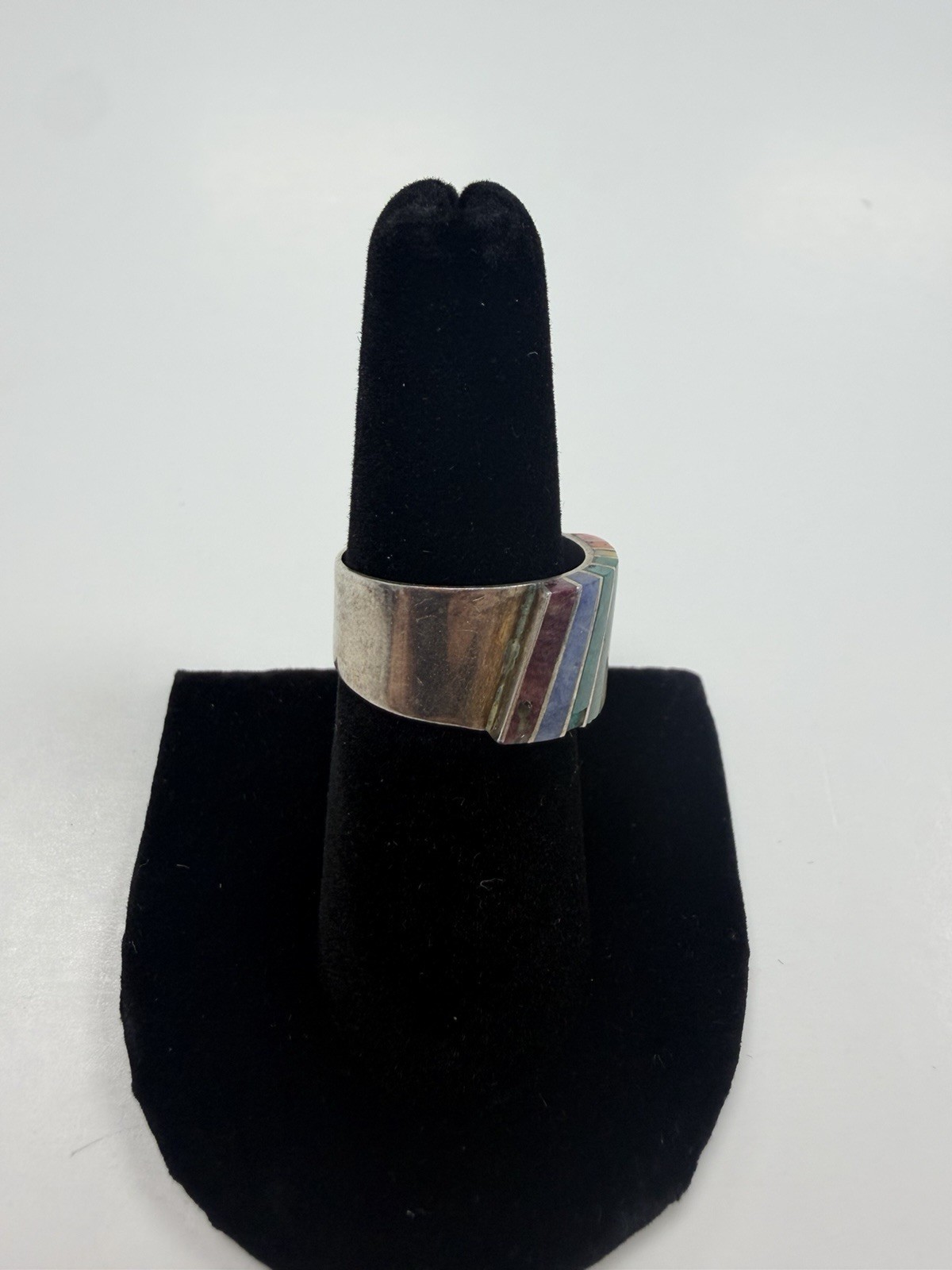 Sterling Silver 950 Rainbow Gemstone Stripe Ring Ich Size 7.5 L56