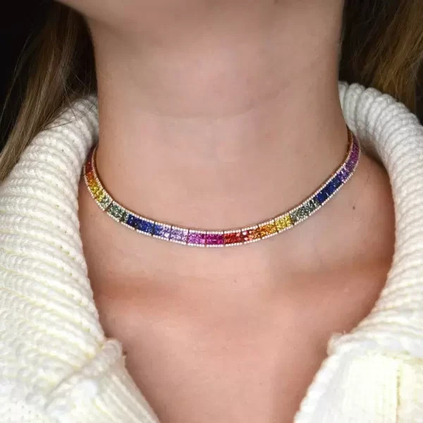 50Ct Princess Cut Multicolor Lab Created Sapphire Rainbow Necklace 925 Silver