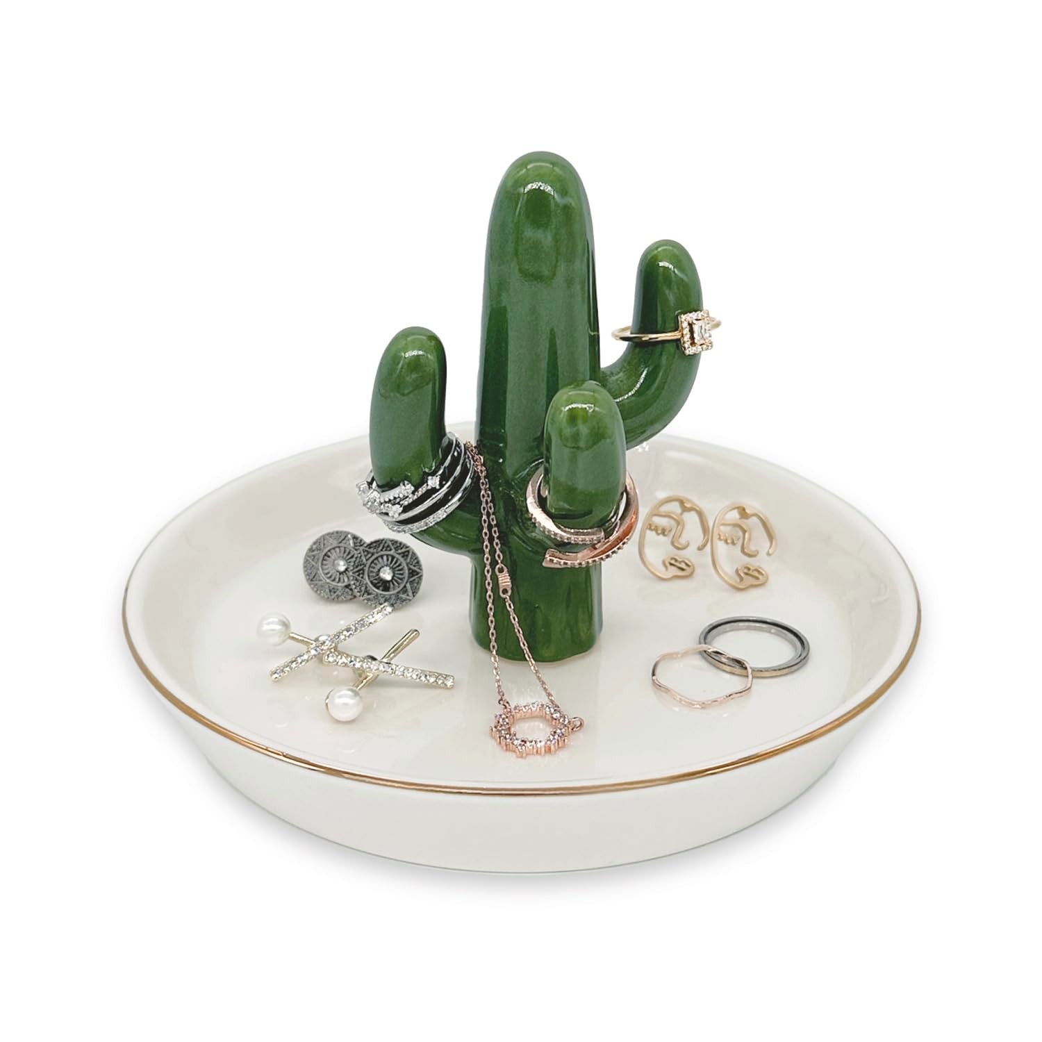 Ceramic Cactus Jewelry Holder & Ring Dish – Succulent Decor for Vanity & Sink, C