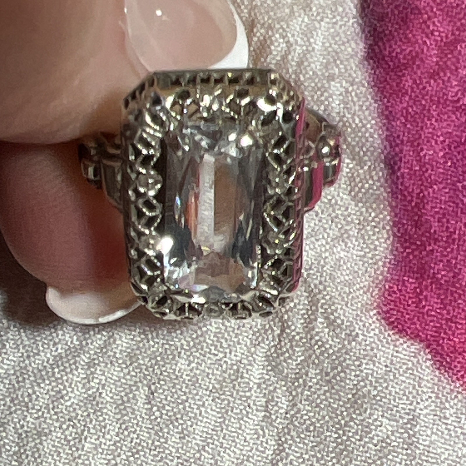 Antique Sterling Ring Clear Rectangle Stone Prong Set Size 5