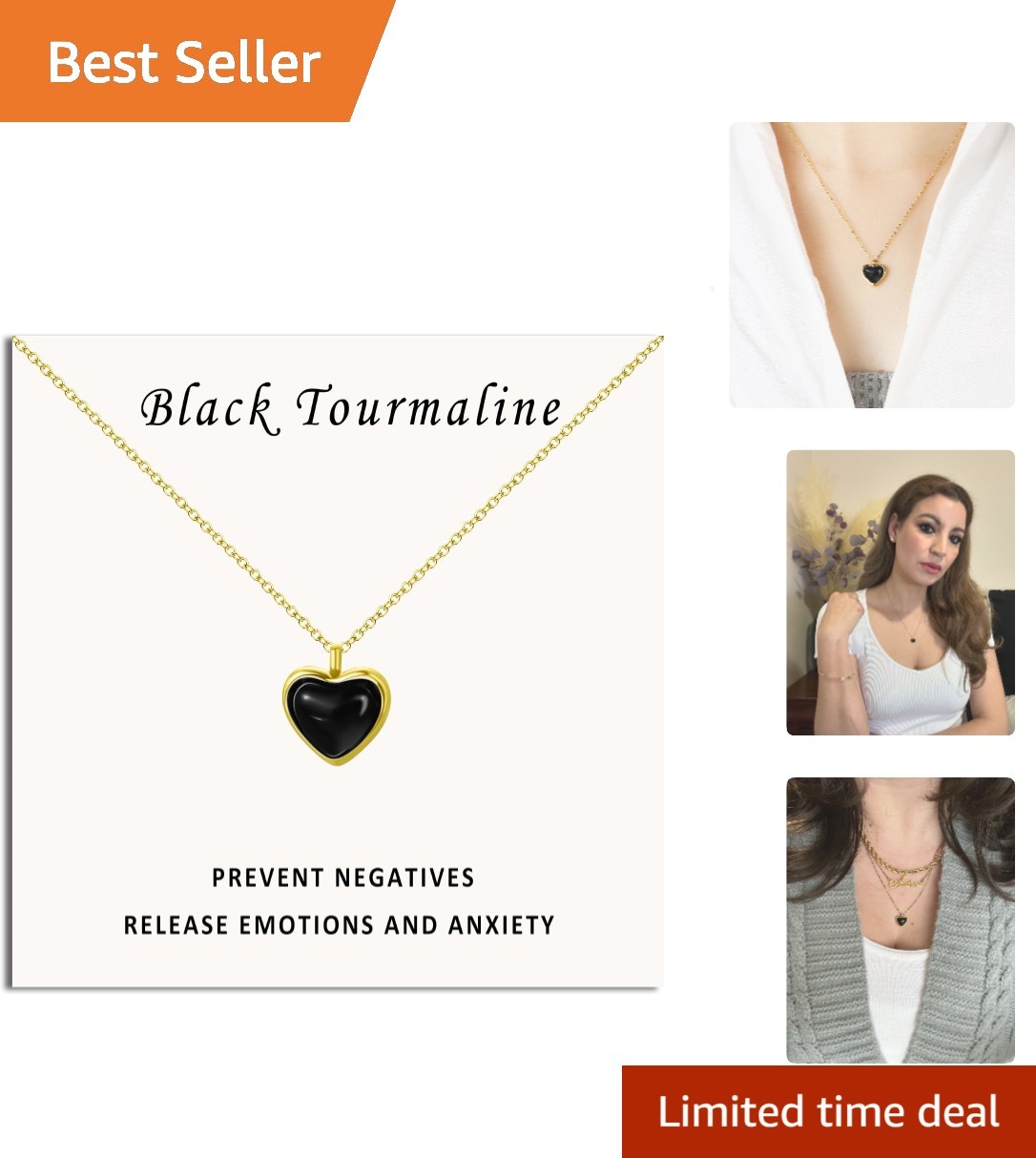 Adjustable Black Tourmaline Heart Necklace – Gold-Plated Women’s Jewelry Gift