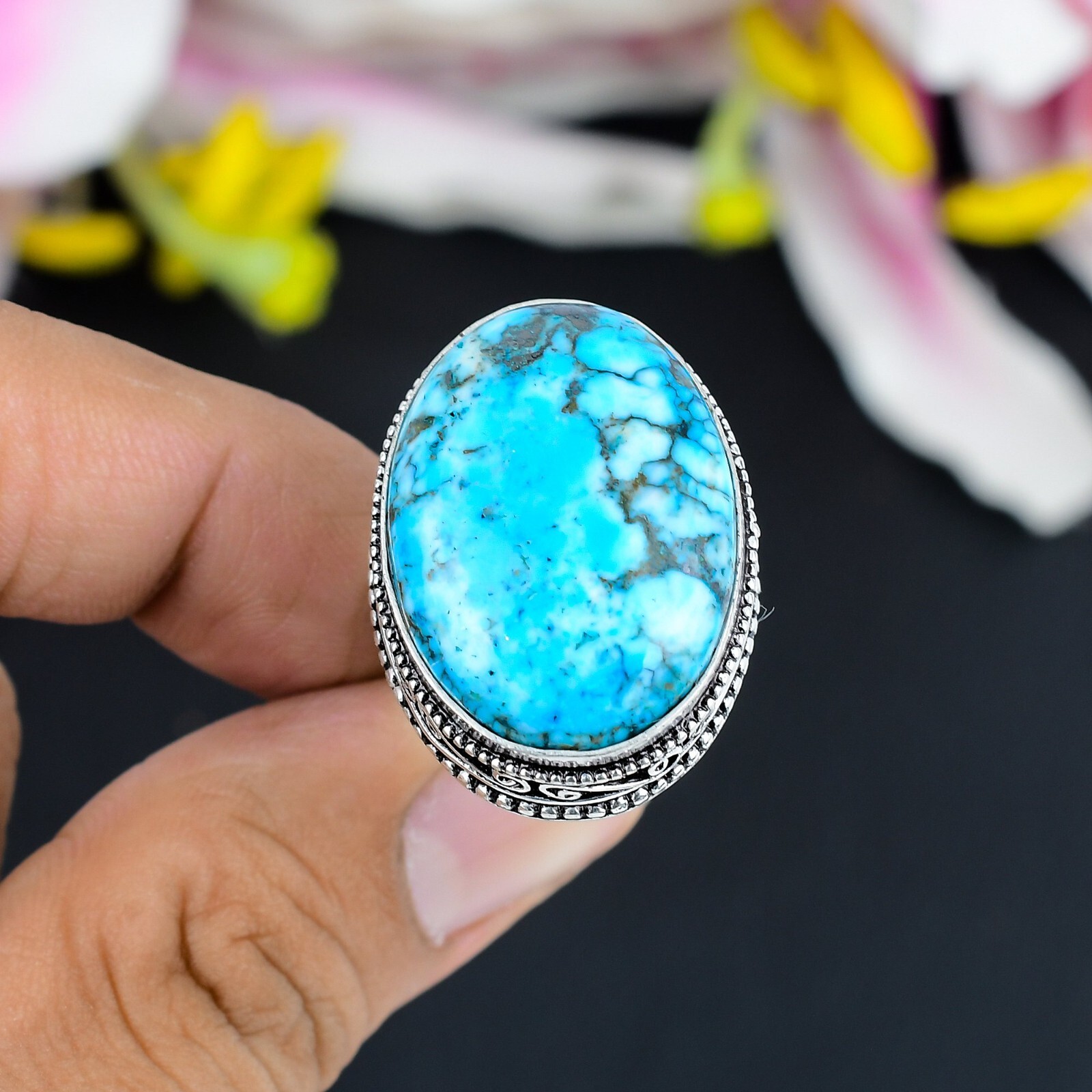 Tibetan Turquoise Gemstone Handmade 925 Sterling Silver Ring Bohemian Jewelry