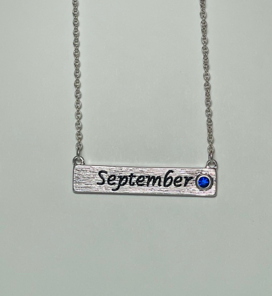 Personalized September Birthstone Necklace Bar Pendant Dainty Silver Plated