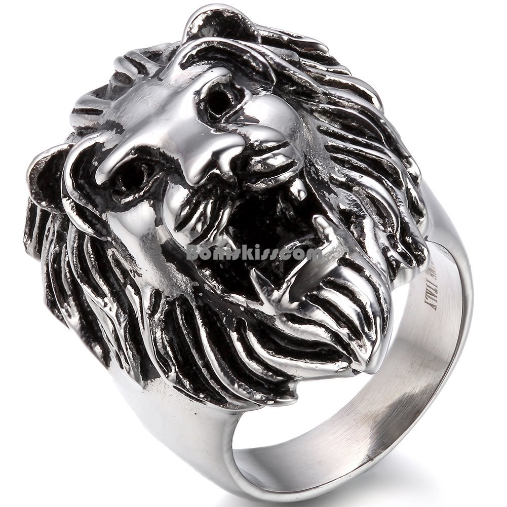 Biker Men’s Vintage Casting Black Silver Stainless Steel Lion Head Ring Band