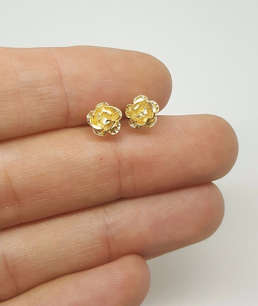 14k Solid Yellow Gold Rose Flower Stud Earrings Push Back 7 MM