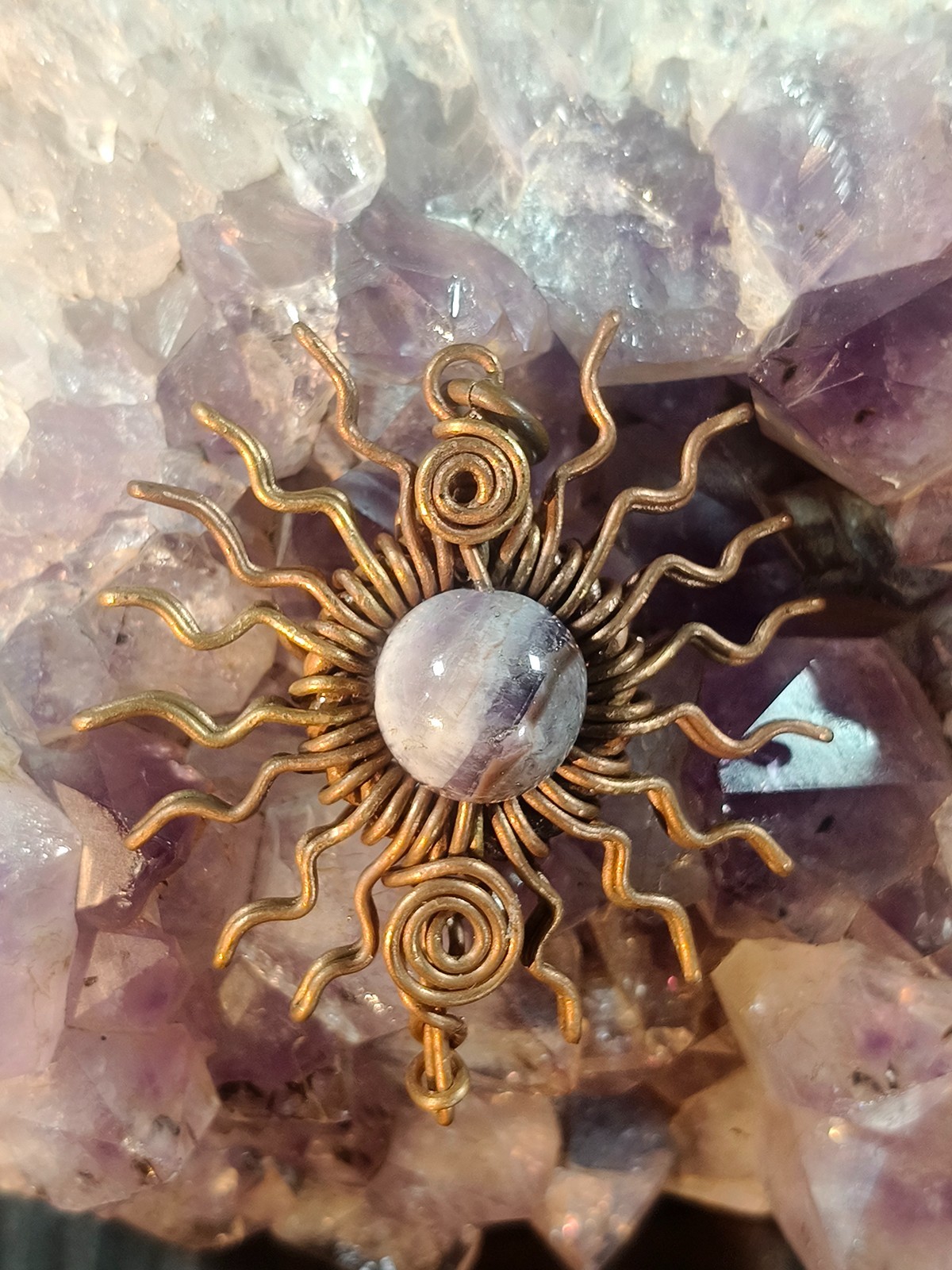 Sun Pendant Copper Amethyst Wire-Wrapped Jewelry Energy Health Lucky #PS0007