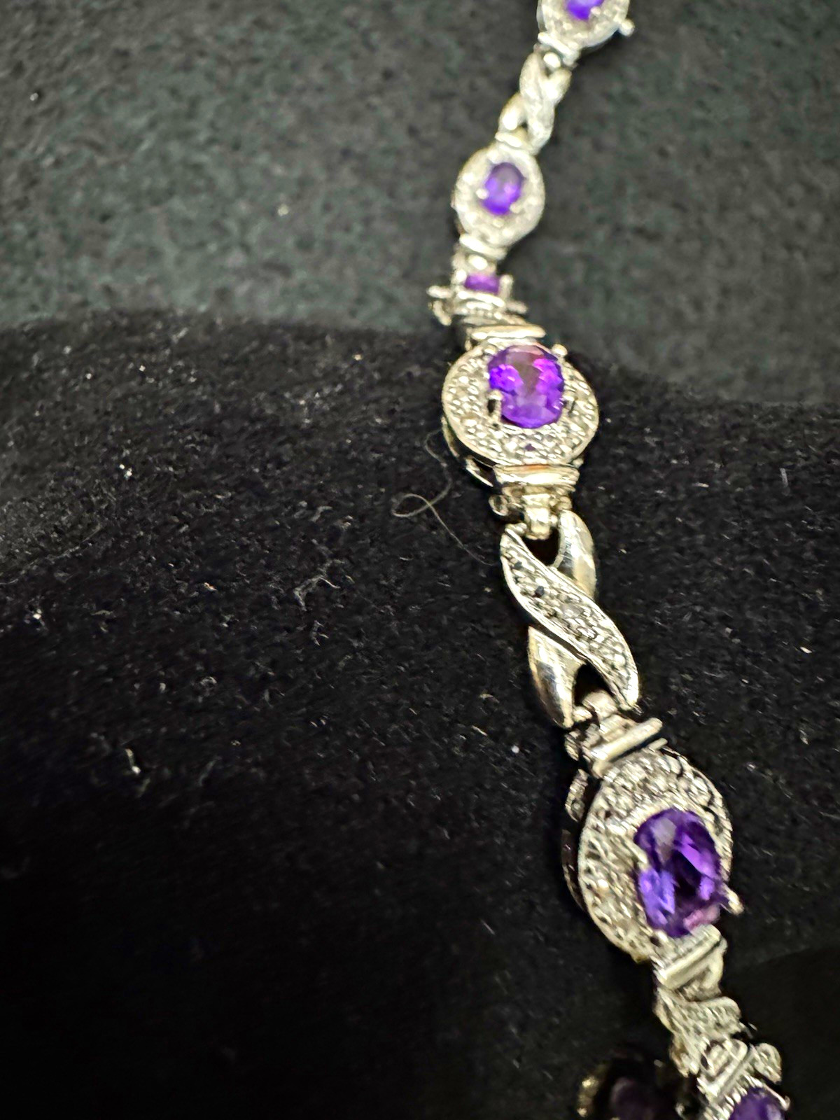 Silver Tone Amethyst Oval Halo Tennis Link Bracelet Toggle Closure 7.5 “