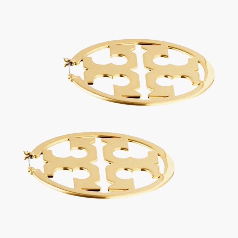 Tory Burch Gold Tone Cutout Logo Round Hoop Dangle Earrings Butterfly Closure