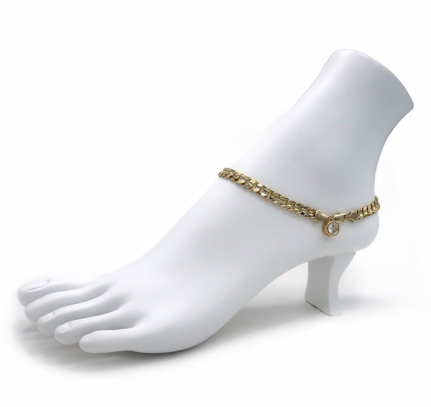 6mm CONCAVE CUBAN LINK CHAIN ANKLET CZ ANKLE BRACELET 14K GOLD PLATED