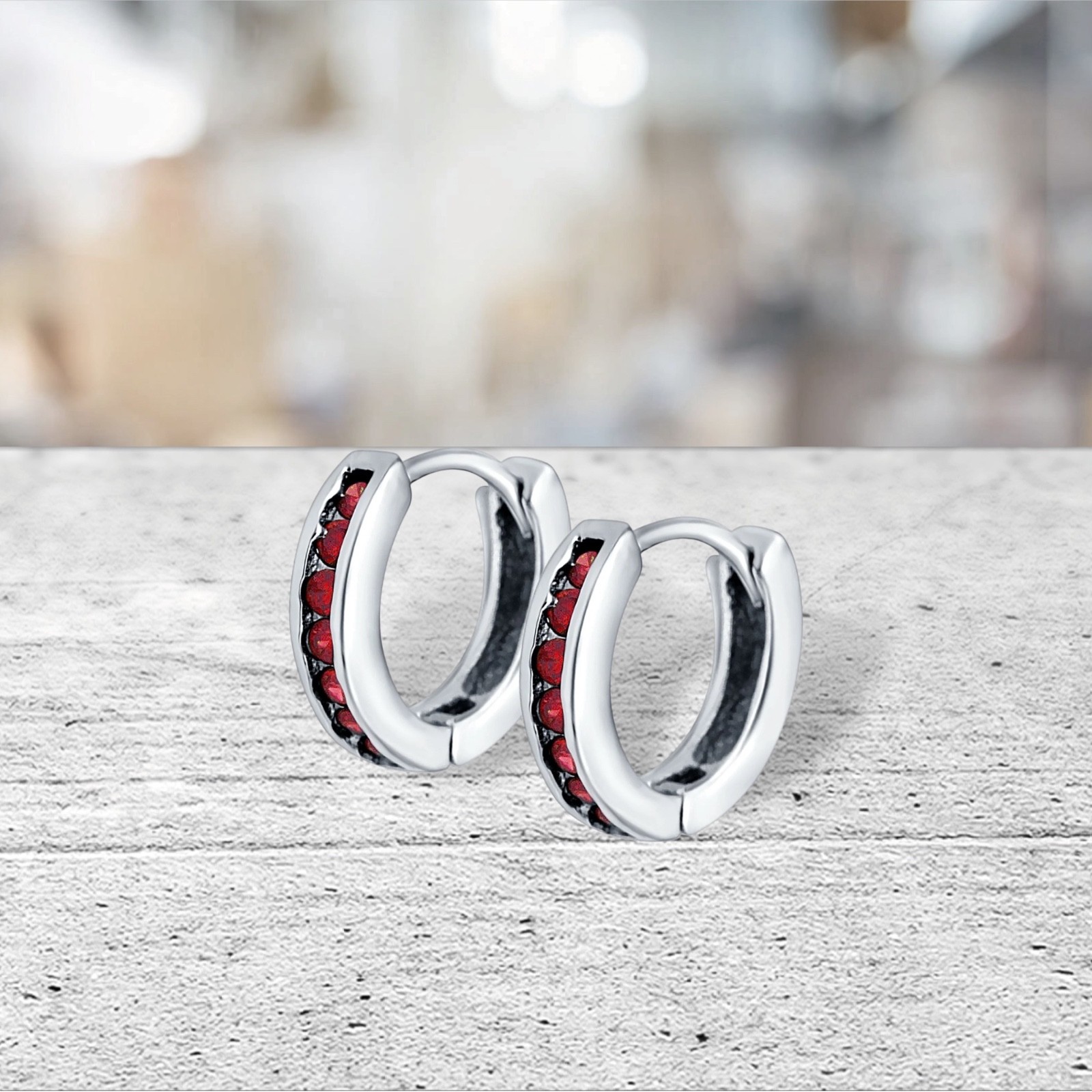 Genuine Ruby Huggie Hoop Channel Set Earrings in Solid Sterling Silver