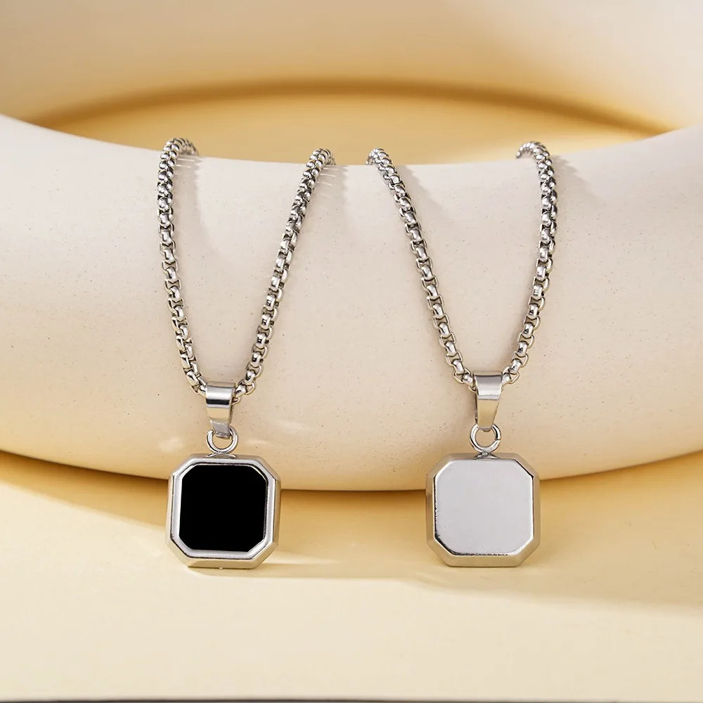 Square Pendant Necklace Stylish Black Geometric Pendant Stainless Steel Necklace
