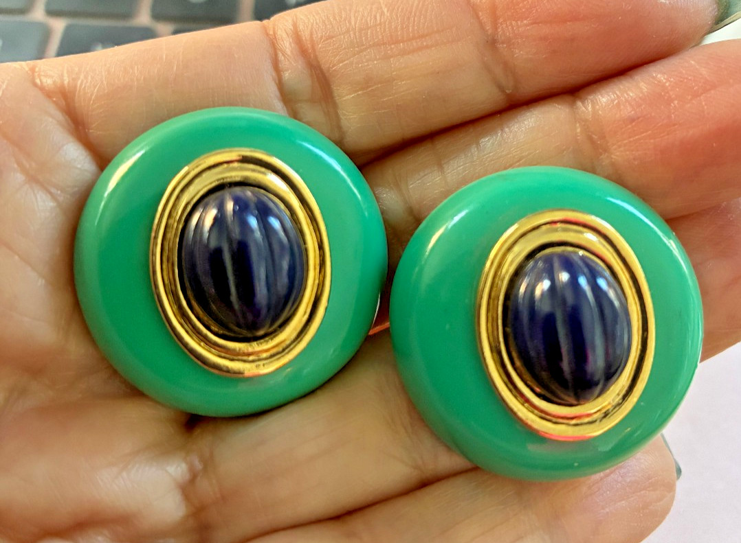GIANT 1960’S SIMULATED TURQUOISE, SIMULATED LAPIS ROUND POST EARRINGS