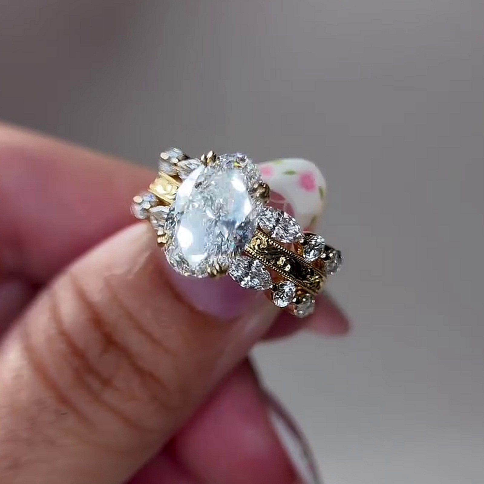 5.29CTW Oval Cut Moissanite Enhance Set Engagement Ring 14K Yellow Gold Plated