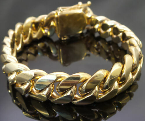 Men’s Solid Miami Cuban Link Bracelet Chain 14K 18K Gold Plated Stainless Steel