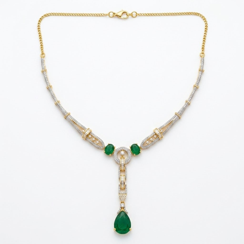 Emerald Green Crystal Pendant Necklace Earrings Set Gold Plated Bridal Jewelry