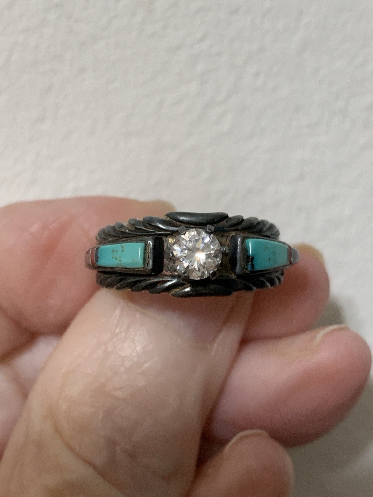 American Navajo Style Woman’s SS Engagement Ring,Inlaid Turquoise,CZ center, 7.5