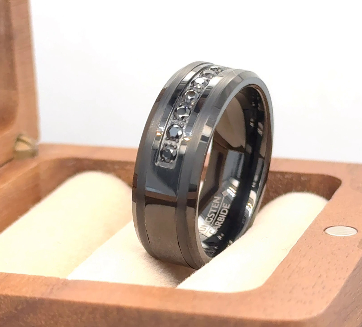 Couple Ring Gift Black Tungsten Engraved Ring Black CZ Inlay Stylish Band