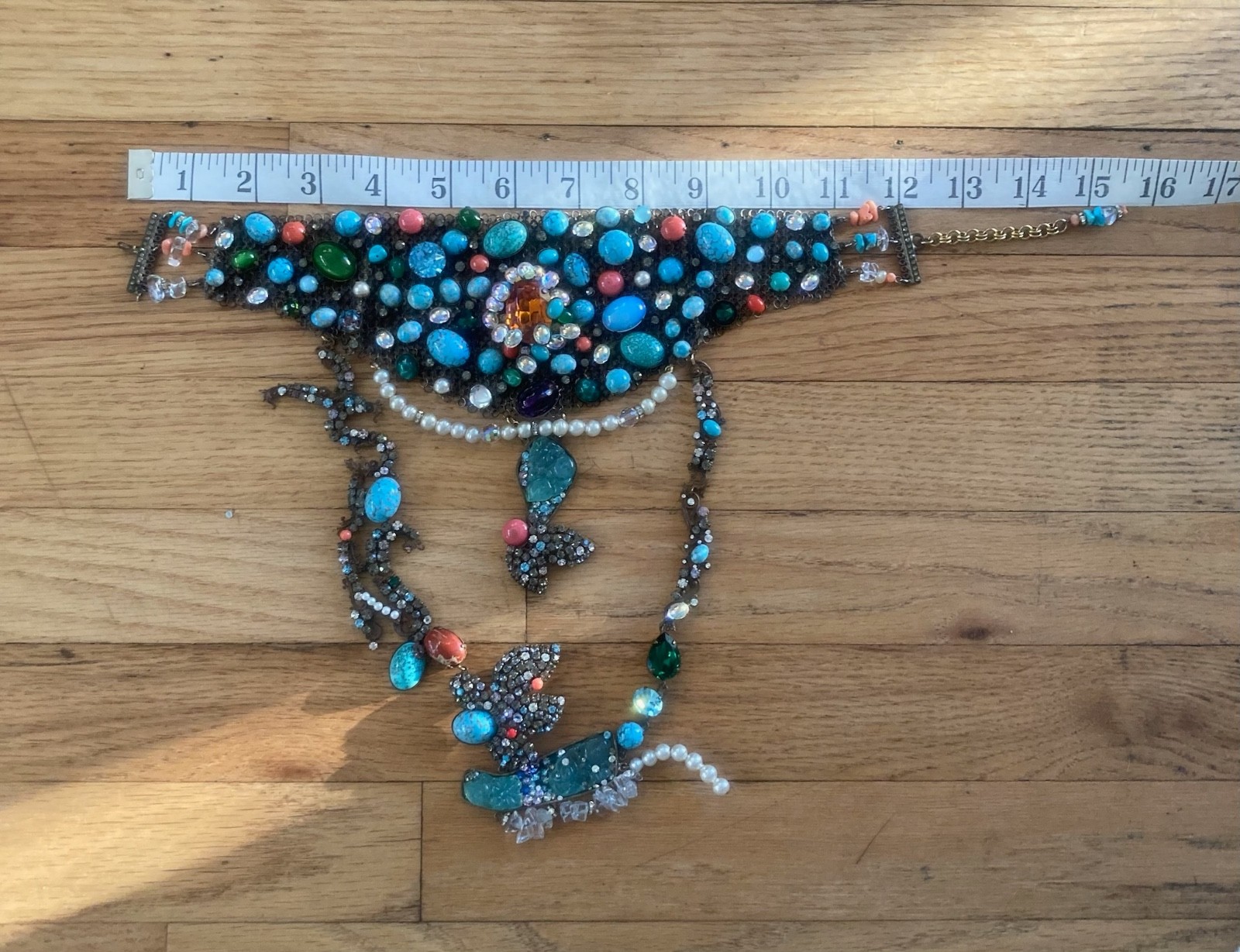 Couture 1980s Multi-Stone Chainmail Bib Necklace Turquoise Crystal Pearl
