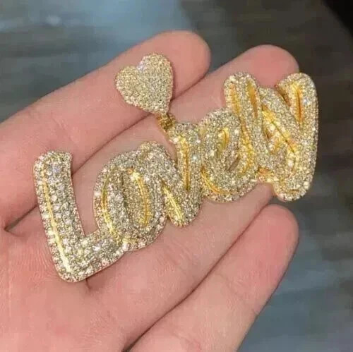 3.00 Ct Round Cut Moissanite Heart & Custom Name Pendant 14K Yellow Gold Plated