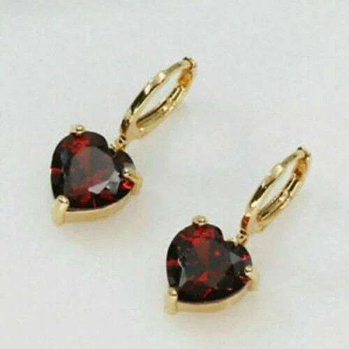 4Ct Heart Cut Red Garnet Solitaire Drop Dangle Earrings 14K Yellow Gold Finish
