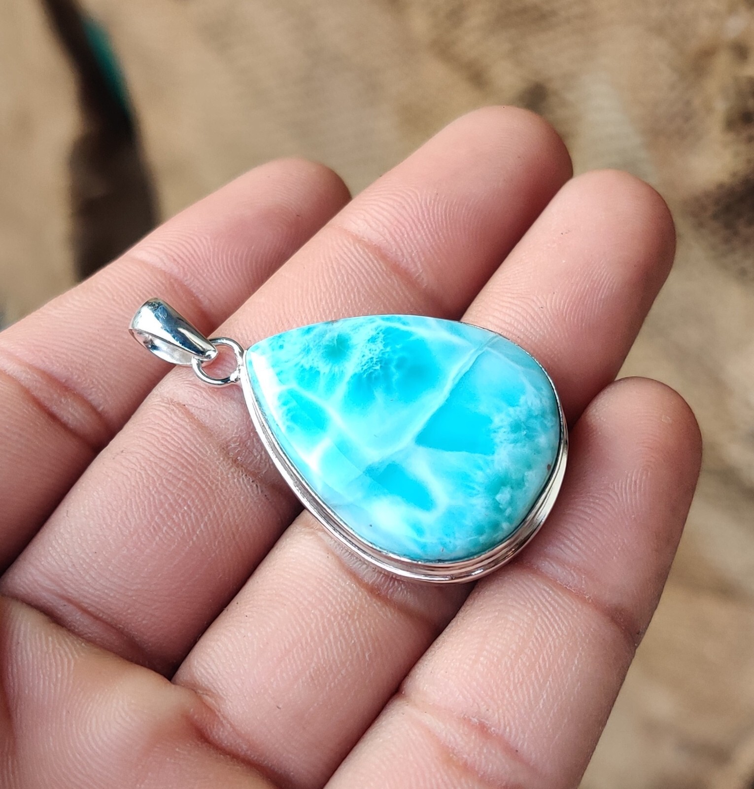 Larimar Gemstone 925 Sterling Silver Handmade Magnificent Pendant Gift PG1351