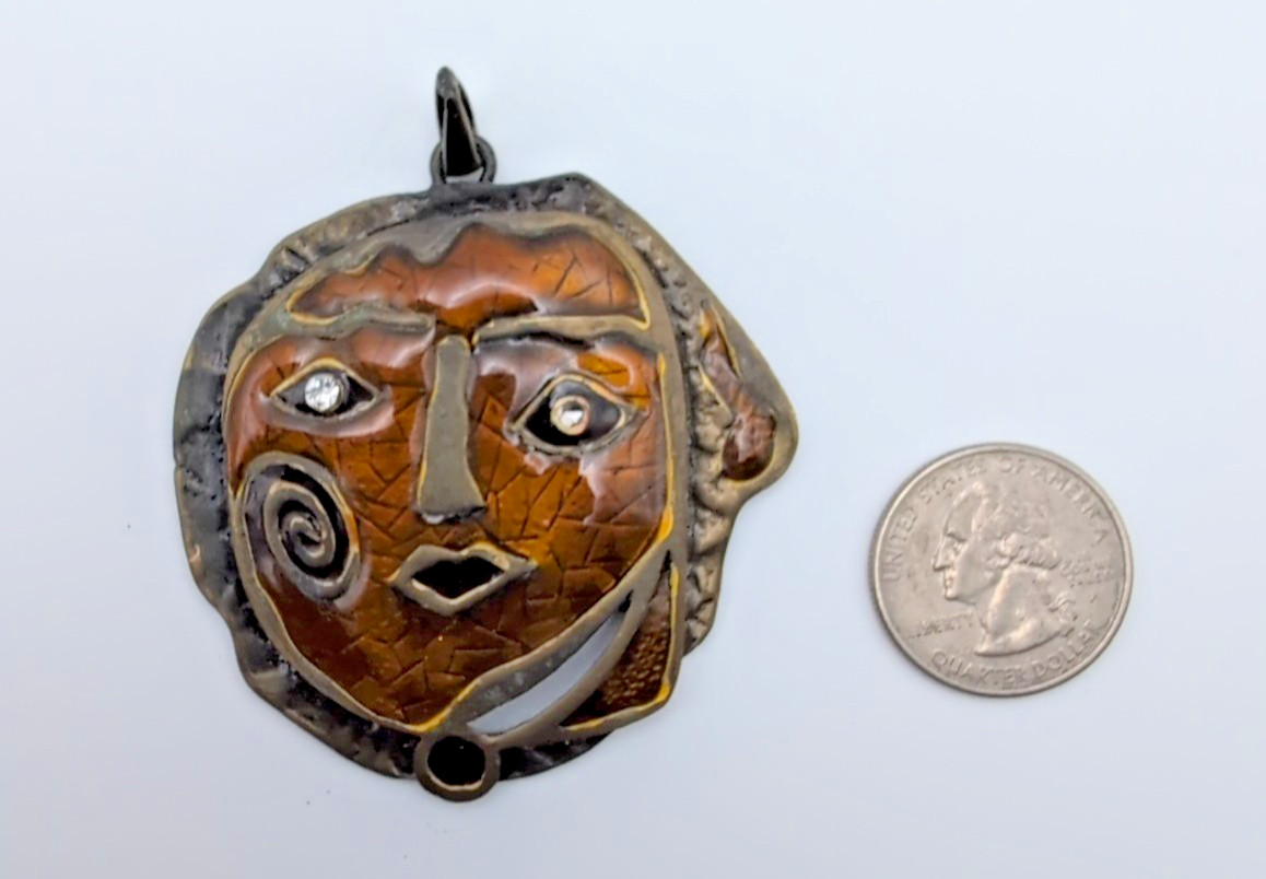 VTG Modernist Mixed Metals Face Pendant Gold Tone Textured Boho Cz Eyes Art Nice