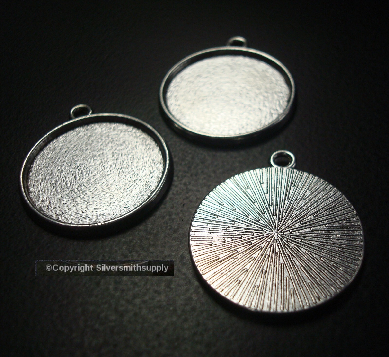 3 Bezel cup tray settings Silver plt holds 20mm cabochon bailed pendants FPP002