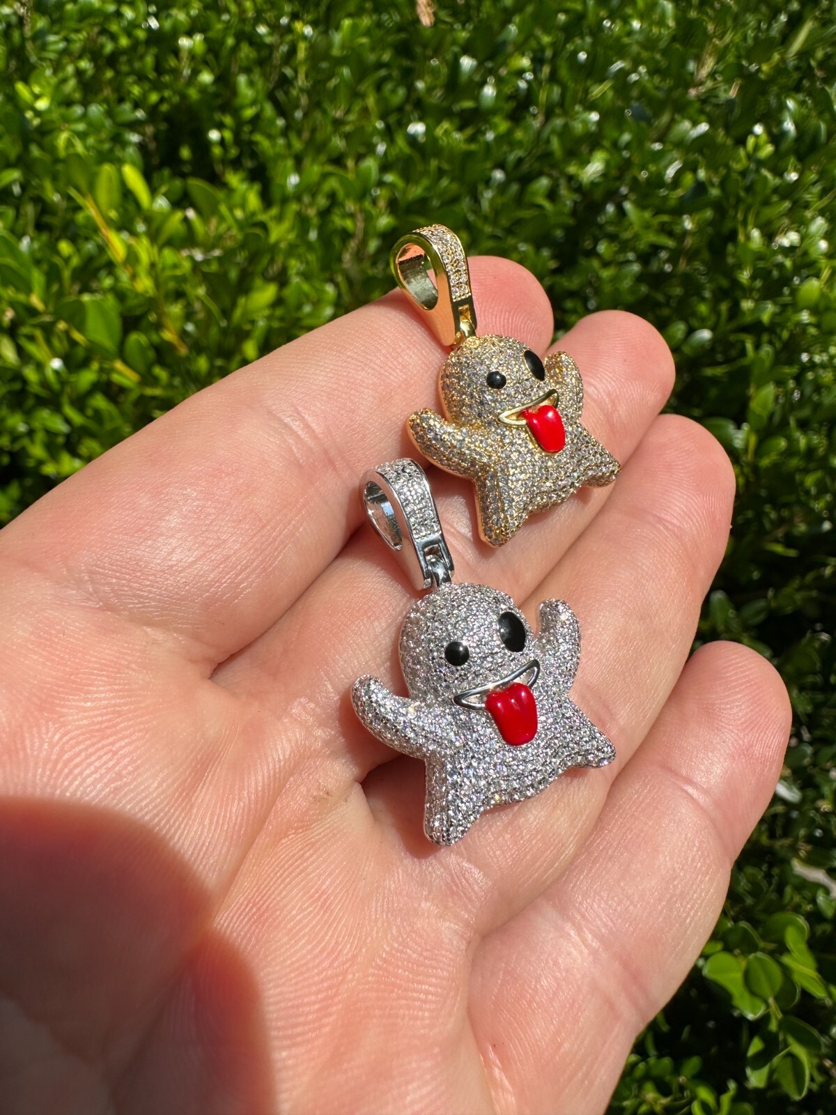 Real 925 Sterling Silver Gold Plated Snapchat Laughing Ghost Piece Pendant CZ