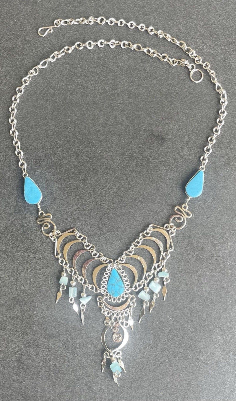 Peruvian Blue Turquoise Semi-Precious Stone Necklace Long Earrings Set Boho Peru