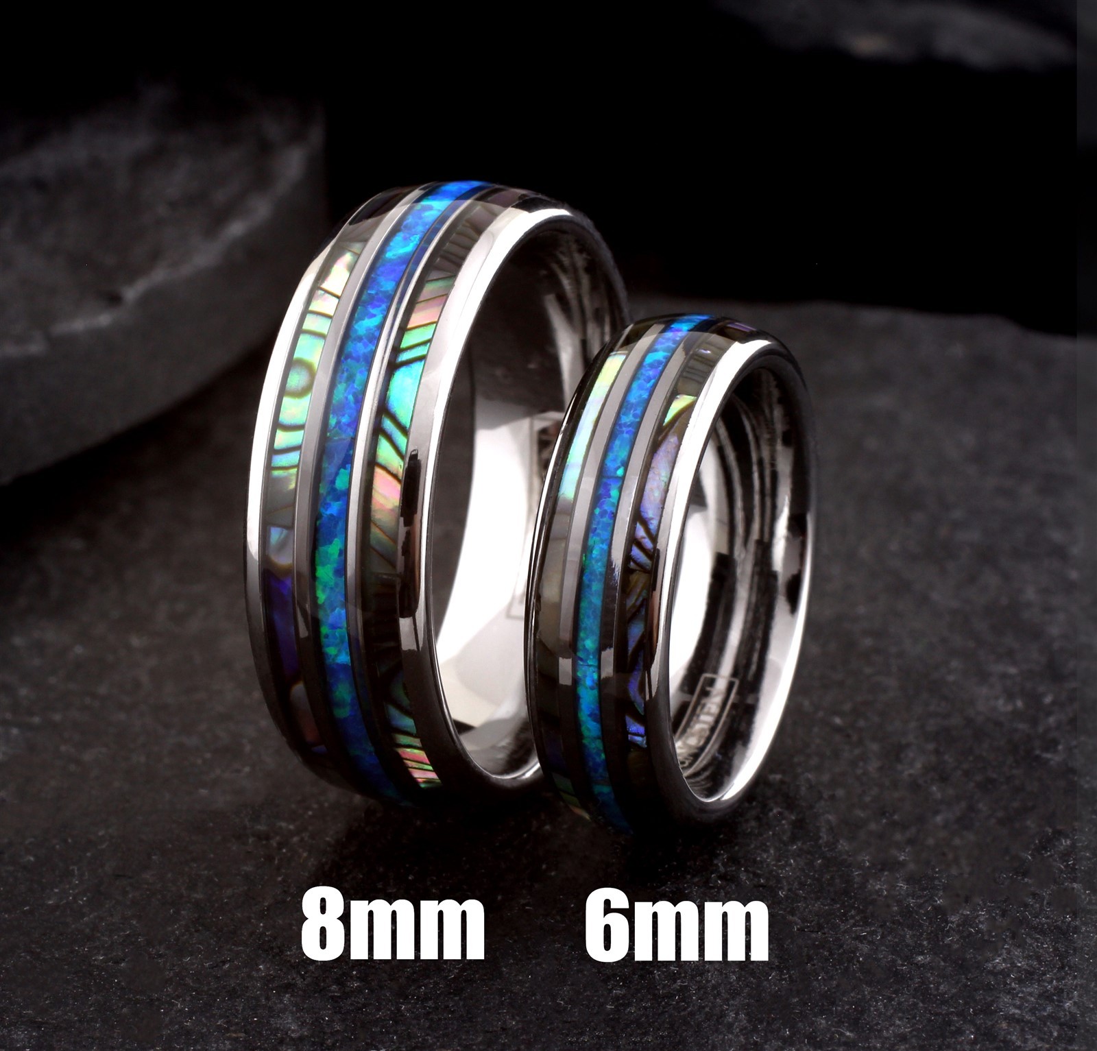 8mm Tungsten Carbide Men’s Abalone and Hawaiian Blue Opal Wedding Band Ring